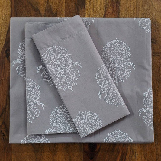 Bed Sheet Block Printed - Grey Hibiscus (King Size)
